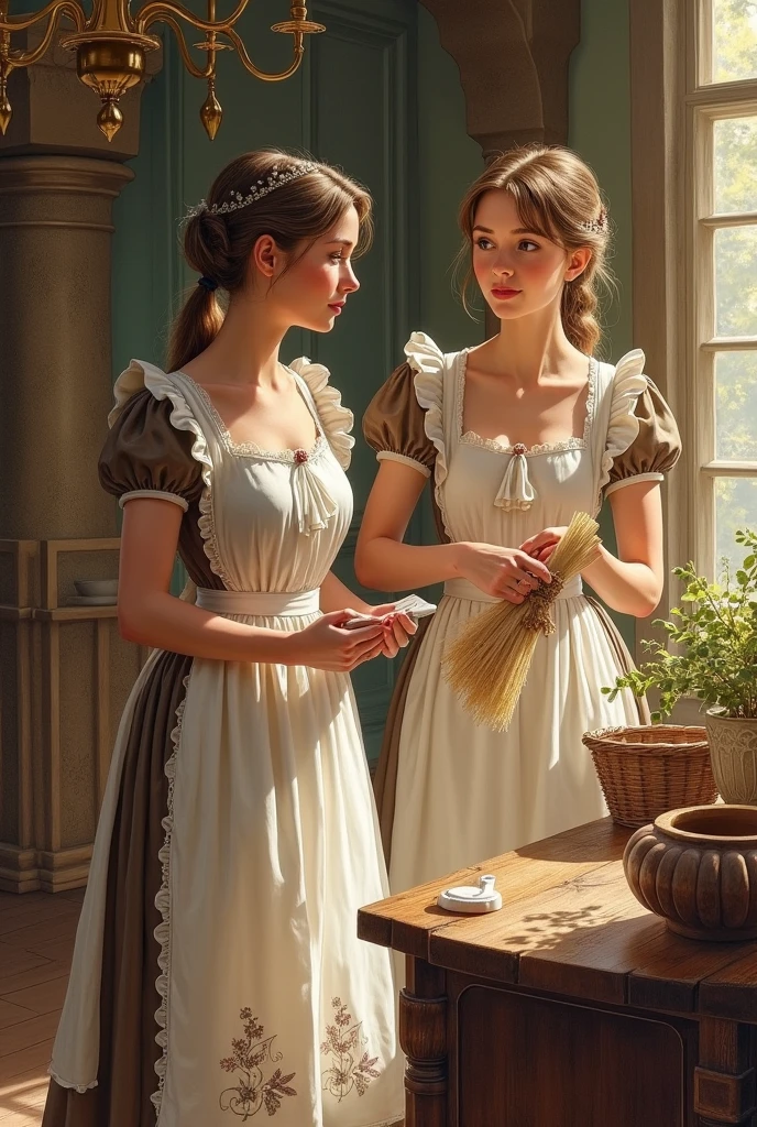 2 peasant princesses in a drawing working like maids