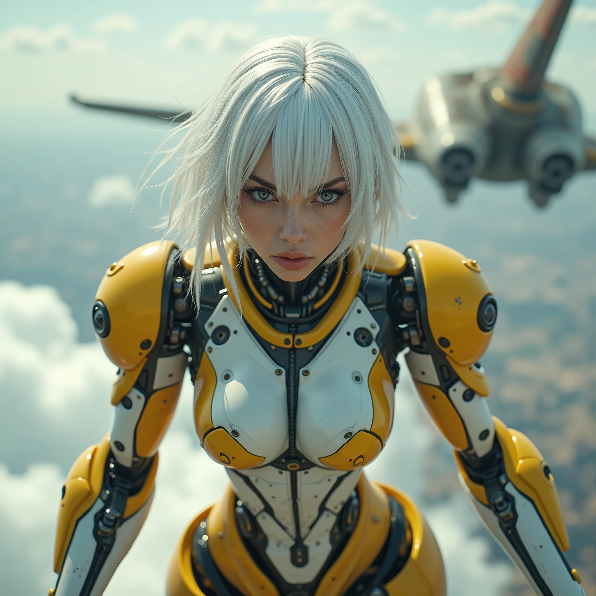 (((ultra realistic))) photoshot, work of art, Maximum quality,photoshotgrafia fiel de Alita anjo de combate, (ultra detailed face and eyes:1.3) in a modified robotic body, shiny white metals, bright yellow mechanical parts, wires and cables , LEDs for mechanical parts, strong and sexy body, breasts big, thick-thighs, yakuza tattoo on the body, White hair, battle angel alita face, in position of action, in top perspective showing the ground, closed fists , serious and angry eyes, scenery on top of an old spaceship flying high.