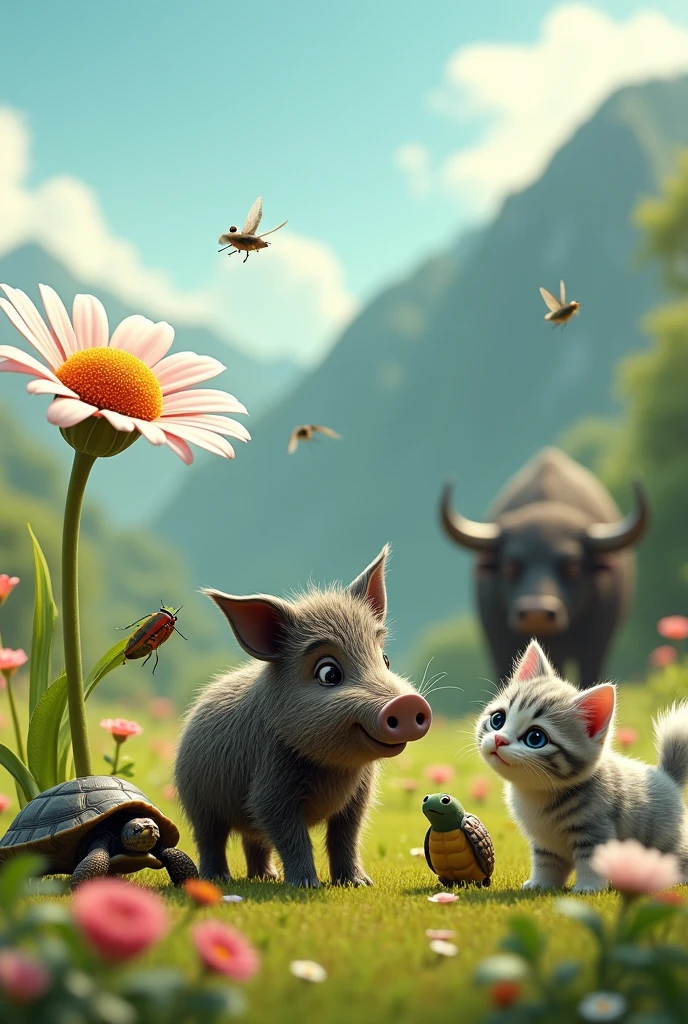 A small boar with a large daisy flower with a cicada, next to a turtle, a buffalo and a gray and white kitten with a furry tail. In the background a green mountain with small flowers and lots of grass