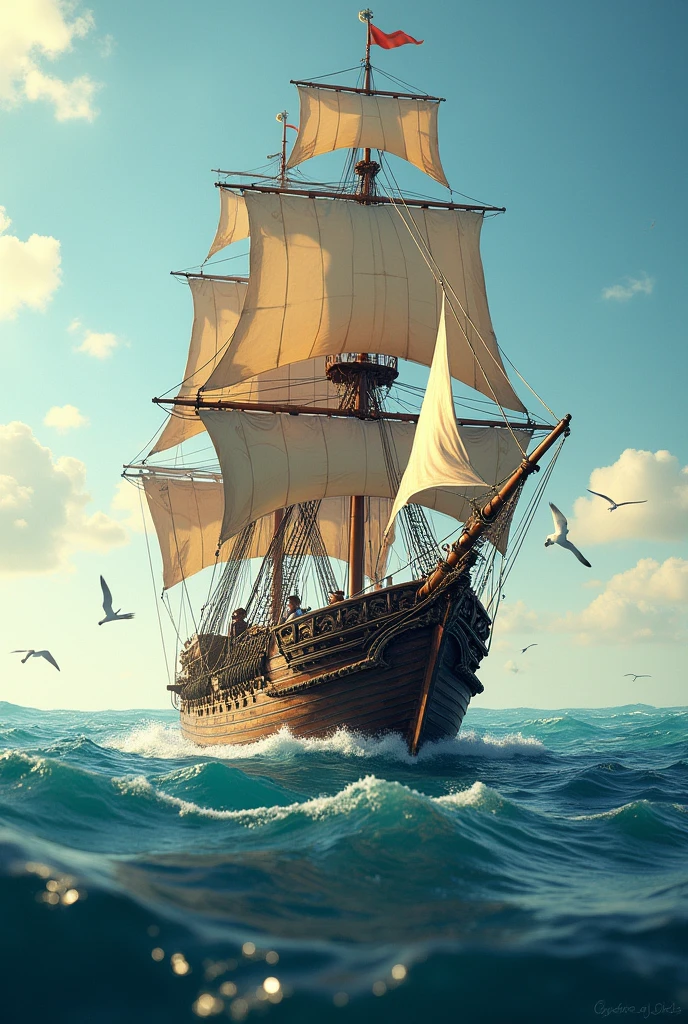a sailing ship in the middle of the sea with a brave and brave captain