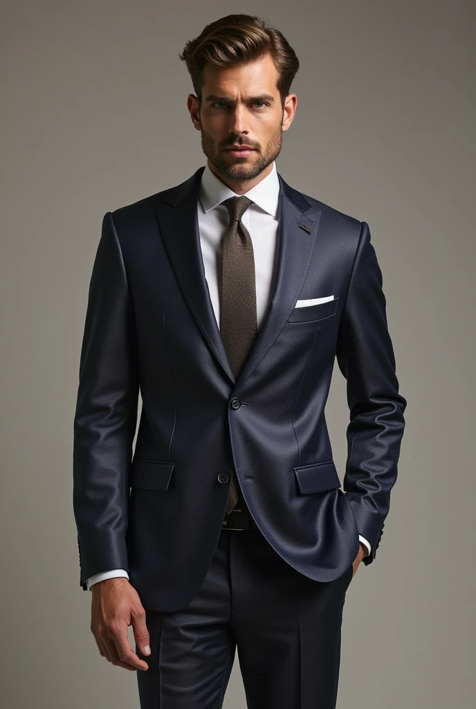 "Create a sophisticated and luxurious outfit for men, consisting of a tailored shirt and trousers. The shirt should be made from a high-quality linen-cotton blend or premium Egyptian cotton, featuring a slim fit, spread collar, French cuffs, and a concealed placket. The color should be a refined neutral like off-white or light gray, with a subtle texture such as herringbone or twill. The trousers should be crafted from a lightweight wool or wool-silk blend in a complementary color like medium charcoal gray or navy blue, with a slim fit, flat front, and slight taper towards the ankle. Include side adjusters on the waistband, slanted front pockets, and a subtle satin trim on the inner waistband. The overall design should reflect understated elegance and be suitable for a wealthy man who values sophisticated, versatile fashion without excessive embellishment."