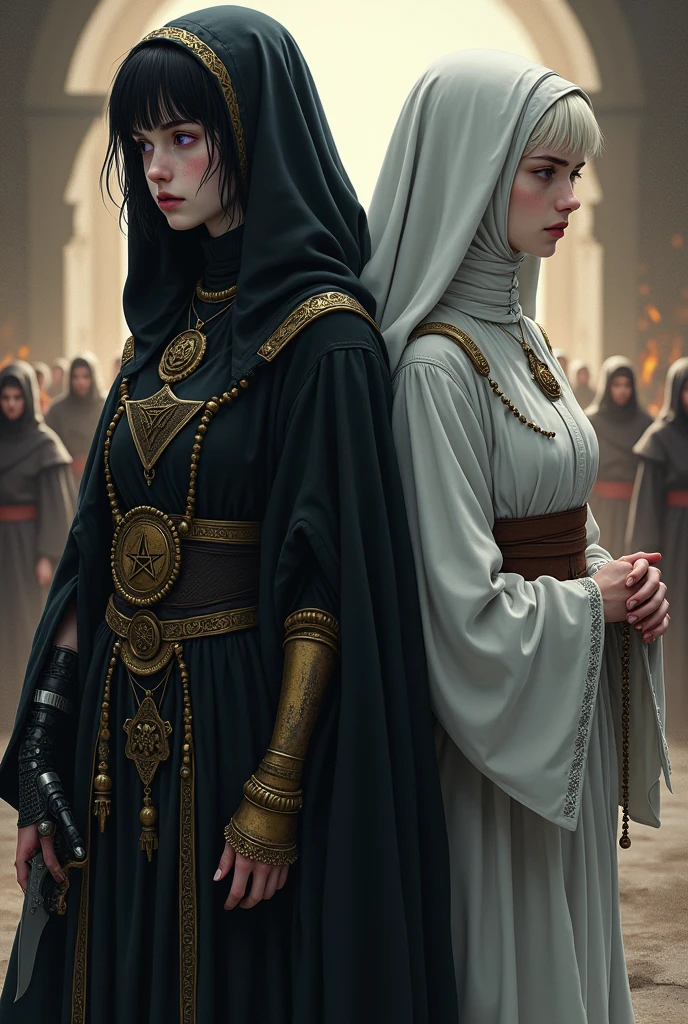 Two pale girls from the middle ages, back to back, the left with violet eye, short black hair, black alchemist robes with steampunk technology, cut on the face, prosthesis on the left arm, with pentagram and dagger, with a look of suffering, right with white nun clothes, long white hair, eyes closed in sadness with a rosary, with an execution at the stake behind.