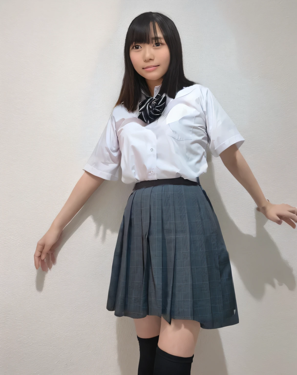 Super detailed,Highest quality,One high school girl,Standing in a room with white walls,Looking at this,Posing for a photo,The background is blurred