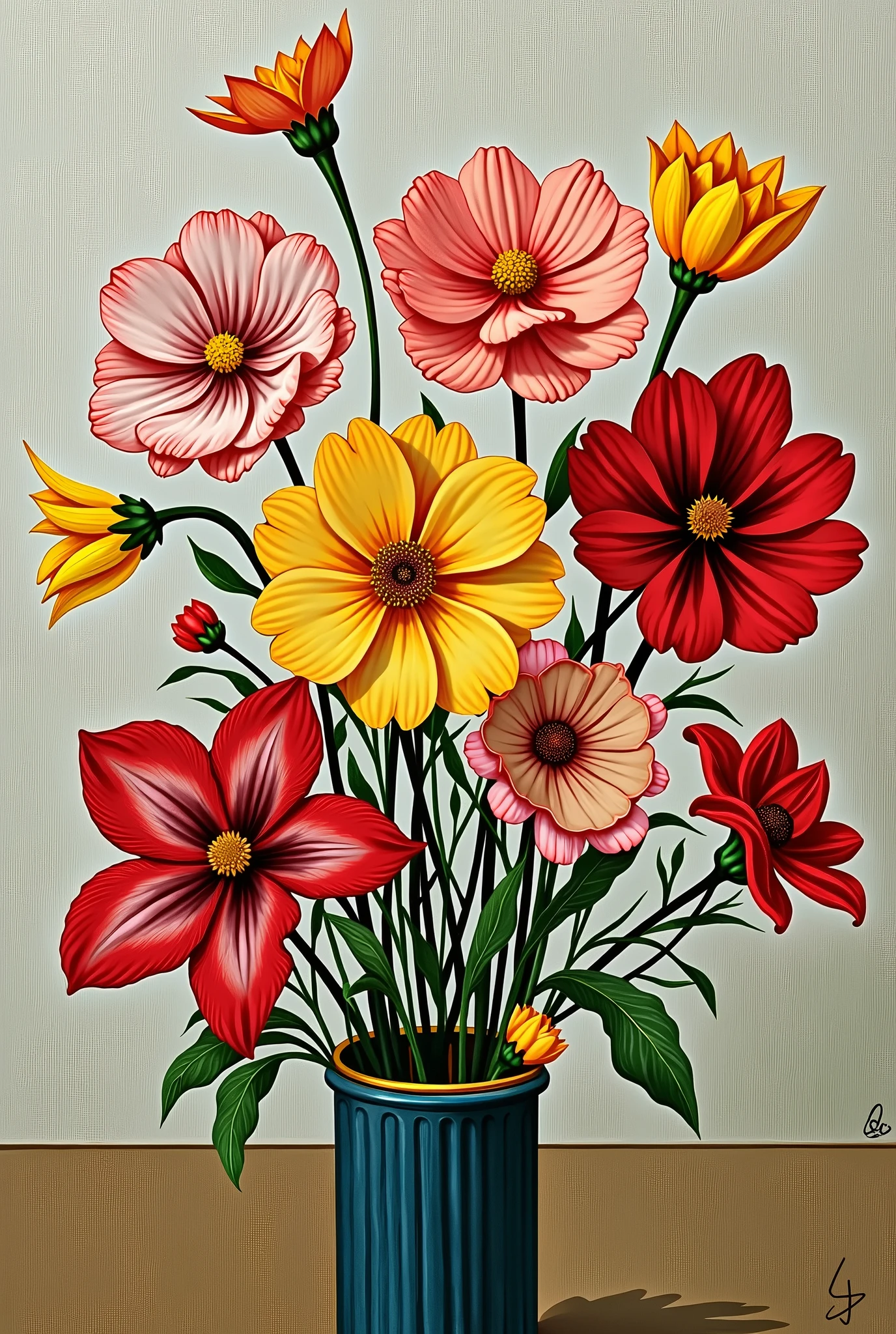 a painting with a reinterpretation of Van Gogh's flowers but it looks like a person who doesn't know how to draw did it but it looks very realistic