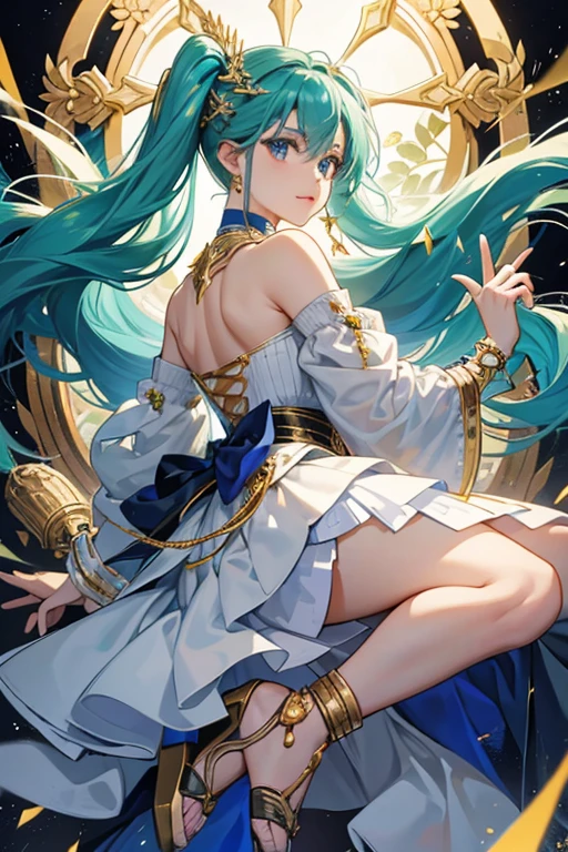ultra detailed, beautiful face, perfect anatomy, 1girl, solo, kiyohime, small breasts, cyan long hair, yellow eyes, (((shaded face))), yandere, blue kimono, asymmetrical hair, ((wavy hair)), grin, evil smile, crazy, evil, perspective, (((from behind))), dutch angle, cinematic lighting, high detail, masterpiece, best quality, UHD, anatomically correct, super detail, high quality, high details, award winning, best quality, highres, 8k