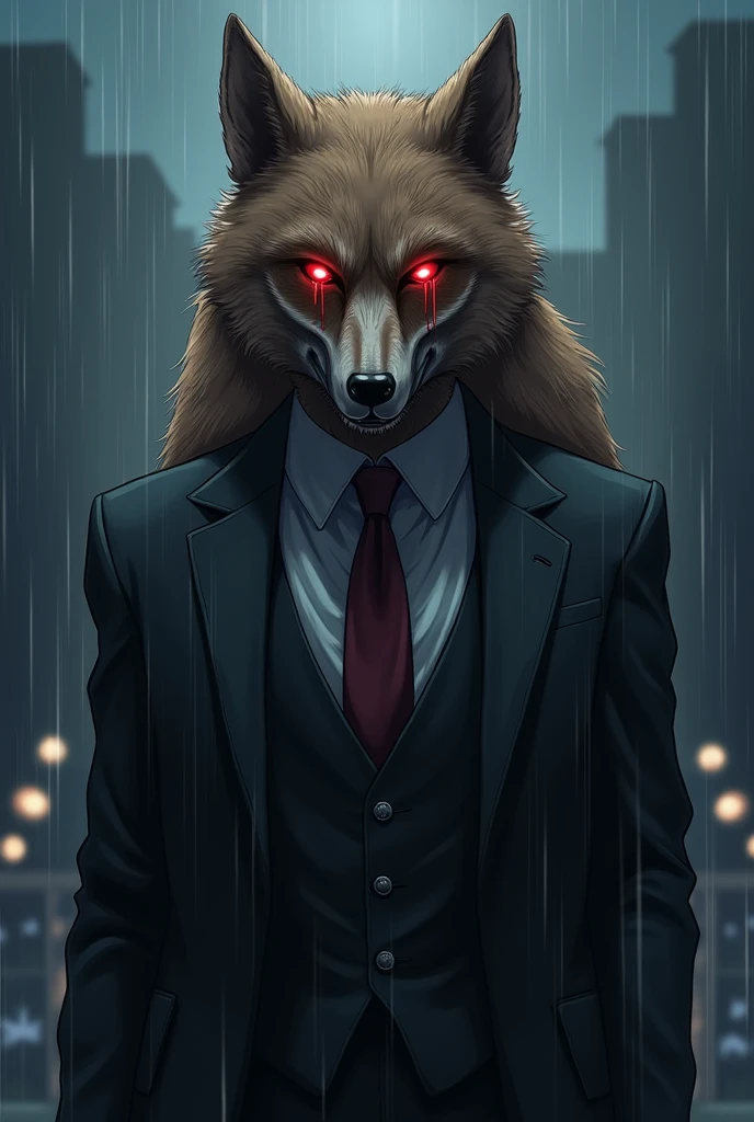 brown fur wolf, with wolf skull mask, with red eyes wearing formal suit, Looking up crying, in the night rain anime style