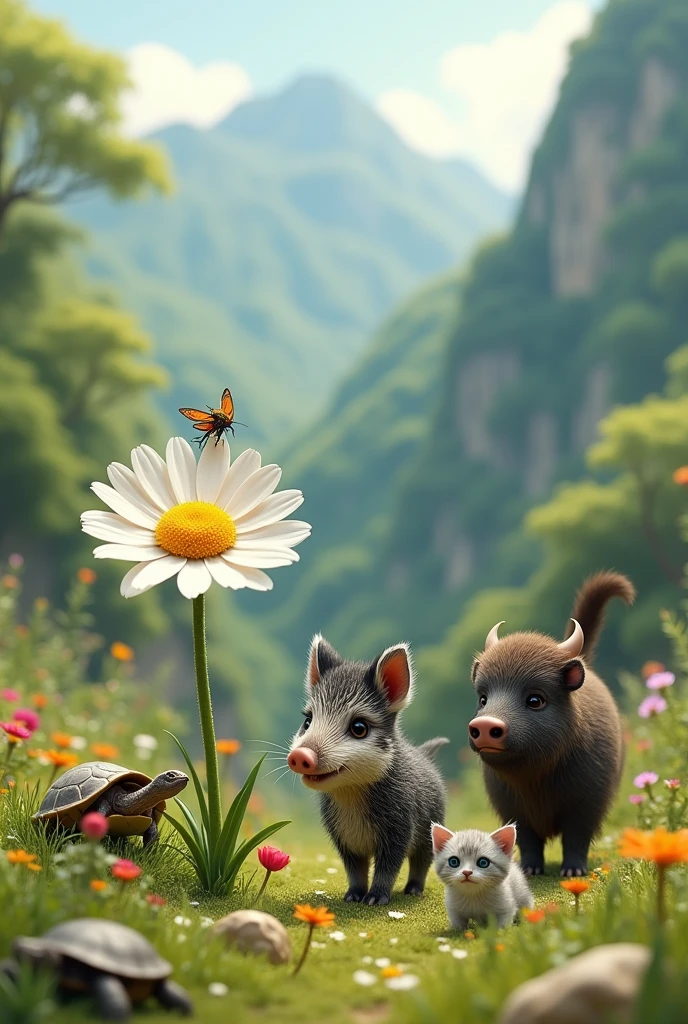 A small boar with a large daisy flower with a cicada, next to a turtle, a buffalo and a gray and white kitten with a furry tail. In the background a green mountain with small flowers and lots of grass 
