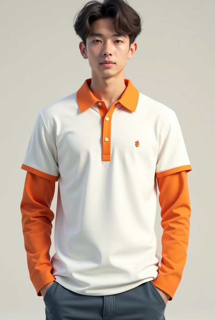 White shirt with orange collar and sleeve tips