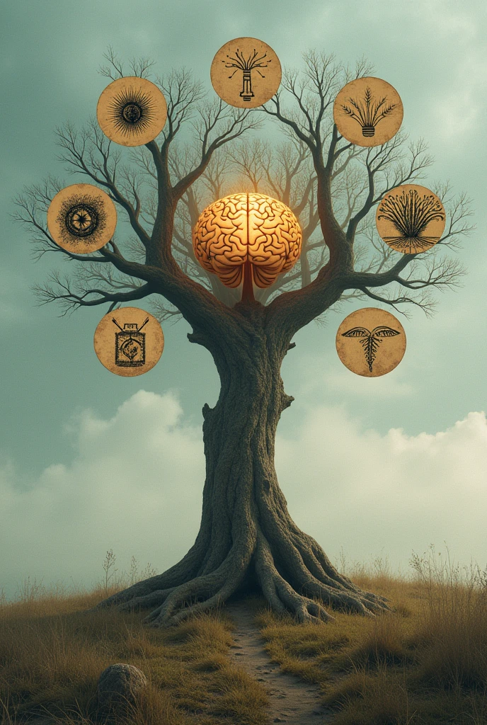 A tree that contains a brain inside which around it there are 6 drawings that are perception, attention , learning memory, Language , reason why the logo is circular