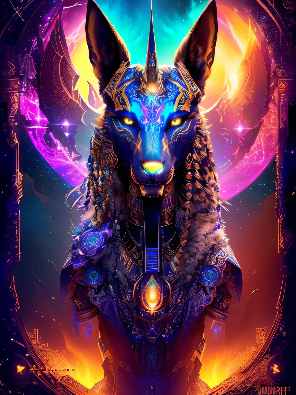 A poster of an animal with a glowing face and head, the god Anubis, mystical Anubis valkyrie, Anubis, Beeple 和 Jeremiah Ketner, and Mumford and alex grey style, Epic Shaman DMT Art, photo of ghost of Anubis, and Mumford. Virtual rendering, Juster Battle, angry god Anubis, Visionary Art Style 8K,Film texture,Ultra HD Lossless