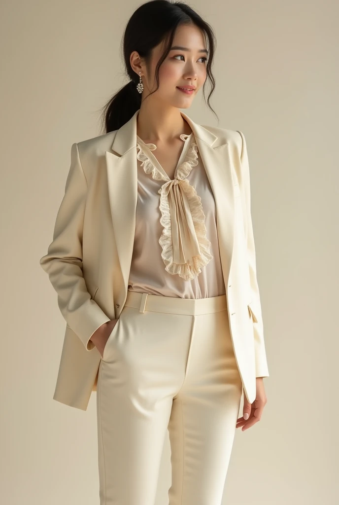 Korean female model wearing blazer, elegant blouse with ruffles, ties, pants and pumps. extremely elegant.  Light beige tones. 