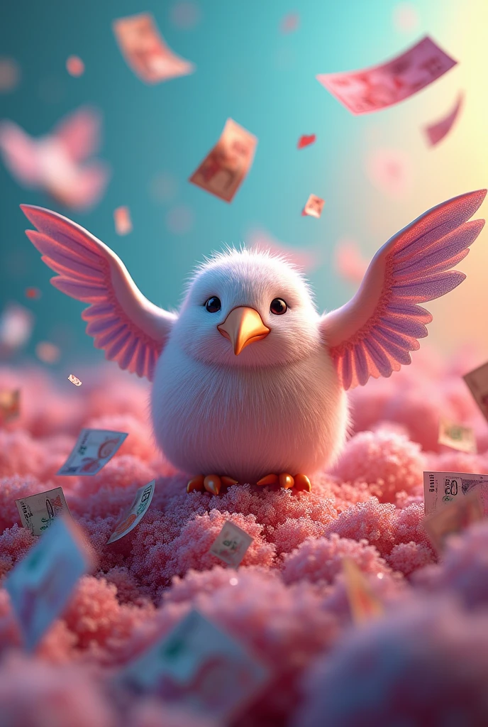 Create an image with the kiwify logo With money notes with wings next to the name