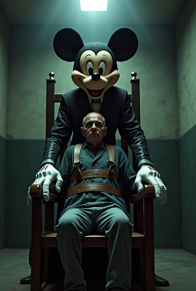 a man strapped to an electric chair while mickey mouse throws a switch