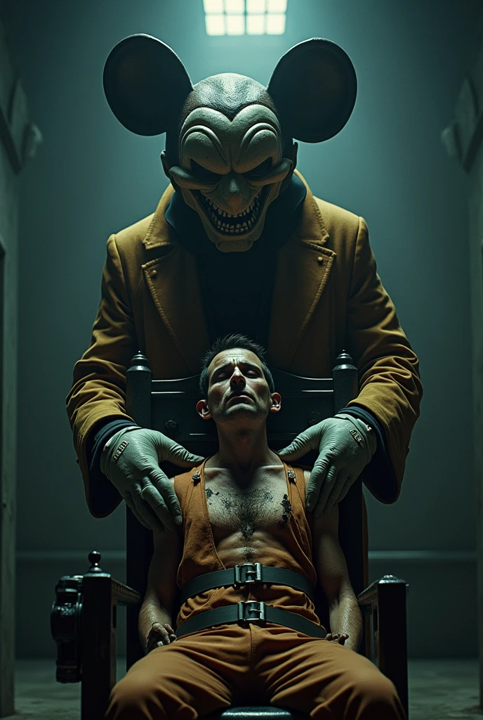 a man strapped to an electric chair while mickey mouse throws a switch