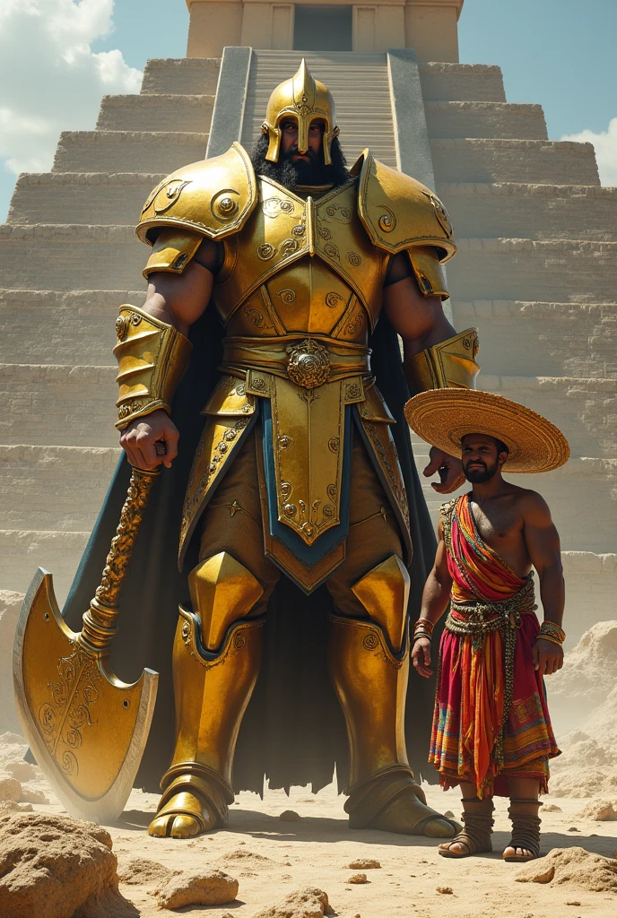 A tall, strong, and large man with a golden Dark Souls-type armor and a colossal golden axe. Take off his helmet and put him in front of a pyramid next to a man of the same height in Mexican clothes.