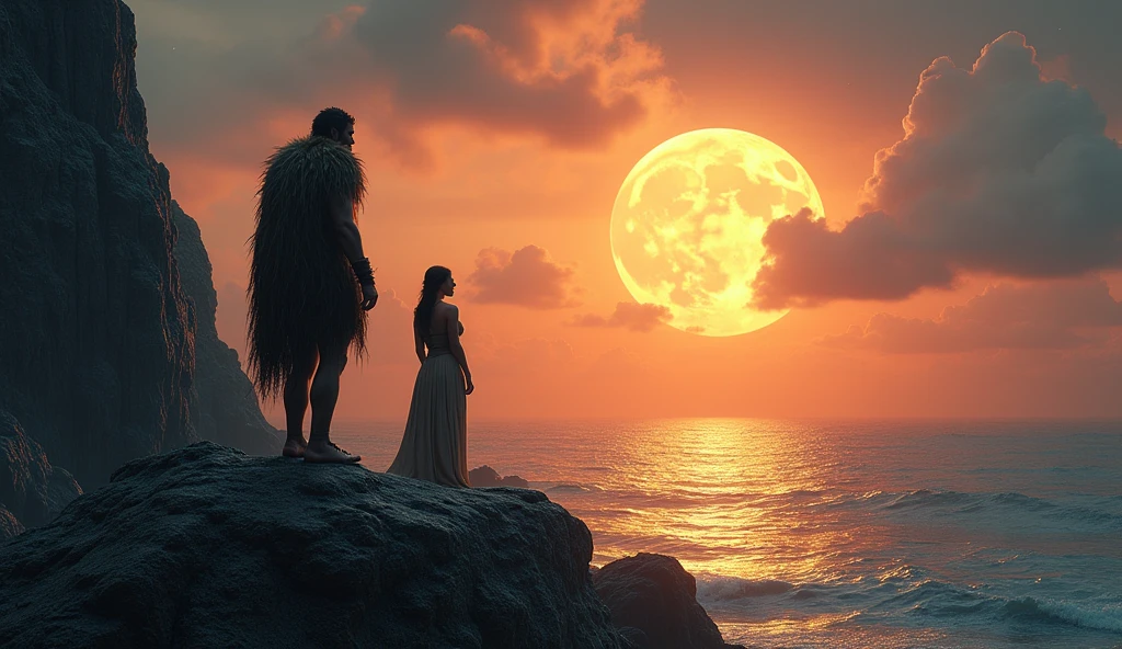 a prehistoric man standing on a rocky cliff, looking out at the vast ocean, admiring the moon's reflection on the water, dramatic sunset sky with vibrant colors, a couple embracing each other in the rain, detailed facial features, (best quality,4k,8k,highres,masterpiece:1.2),ultra-detailed,(realistic,photorealistic,photo-realistic:1.37),cinematic lighting, moody atmosphere, dramatic landscape, detailed texture, (intricate, highly detailed:1.2),(cinematic,dramatic:1.2),stunning scenery, beautiful natural lighting, serene and tranquil mood