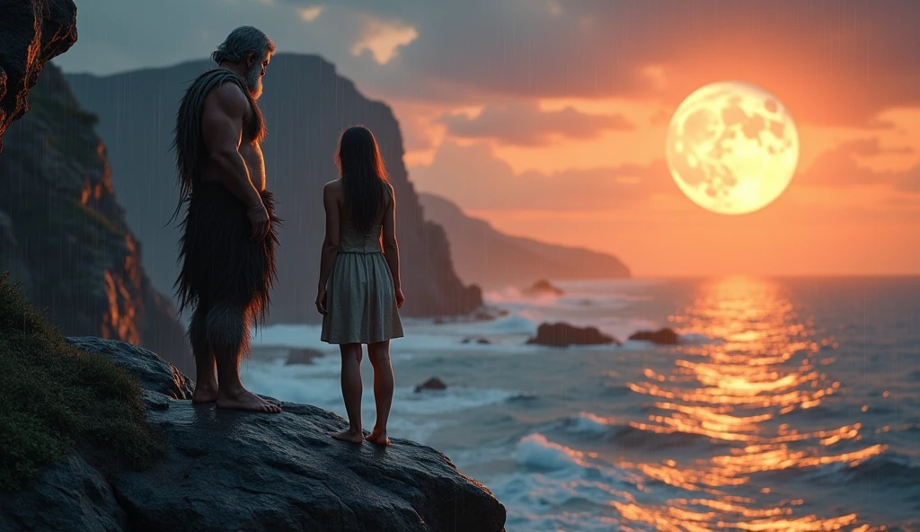 a prehistoric man standing on a rocky cliff, looking out at the vast ocean, admiring the moon's reflection on the water, dramatic sunset sky with vibrant colors, a couple embracing each other in the rain, detailed facial features, (best quality,4k,8k,highres,masterpiece:1.2),ultra-detailed,(realistic,photorealistic,photo-realistic:1.37),cinematic lighting, moody atmosphere, dramatic landscape, detailed texture, (intricate, highly detailed:1.2),(cinematic,dramatic:1.2),stunning scenery, beautiful natural lighting, serene and tranquil mood