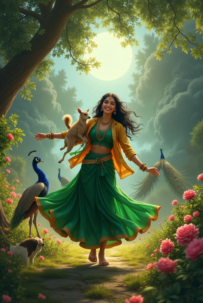 beautiful indian woman of age 24 years , in beautiful green trees of colourful flowers wearing full-shoulder green half saree and full gold colour jacket dancing in very happy mood smiling by rotating her self with small goat in her hand under dark clouds low to high angle showing moon in sky light fading on her between the trees some pets around her and peacocks open her tail light just coming from between the leaves