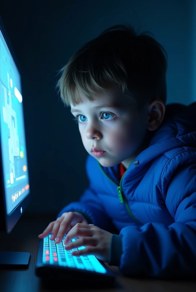  A boy  with blue jacket playing a game in PC in a dark all lights off only PC screen light flex in his face