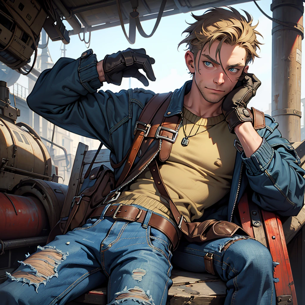 Mature male, Jamie Hewlett Style,1boy, solo, portrait of man, sunken eyes, straps, oil stains, knitted sweater, Patched baggy jeans, dieselpunk technology, dieselpunk gloves.