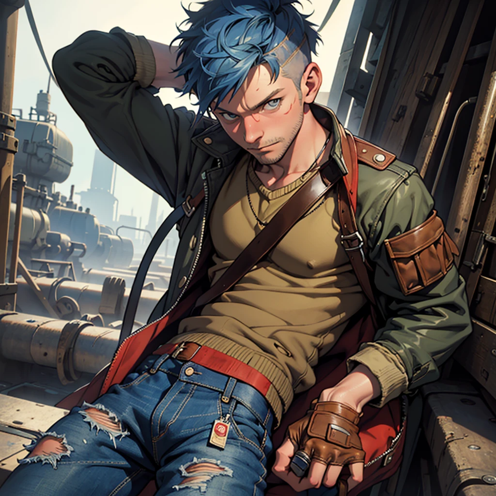 Mature male, Jamie Hewlett Style,1boy, solo, portrait of man, sunken eyes, straps, oil stains, knitted sweater, Patched baggy jeans, dieselpunk technology, dieselpunk gloves.