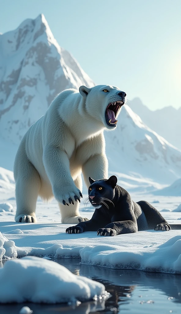 "A polar bear standing on a snowy landscape, roaring with its mouth wide open, next to a black panther lying down on the snow. The background features an icy mountain and cold water, capturing the harsh and cold environment."