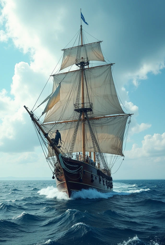 a sailing ship in the middle of the sea with a brave and brave captain ; photographed in landscape format