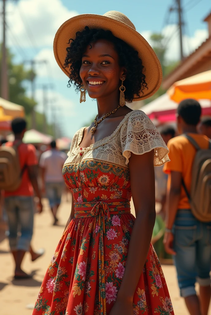[[((young attractive Haitian woman with medium-dark skin, distinctive curly dark hair with subtle highlights, sun-kissed glow, striking hazel eyes, and subtle tribal tattoos:1.5)), ((Amara Johnson:1.4)), standing in a bustling market. Amara is wearing ((a stylish summer dress with cultural patterns:1.6)), holding a basket of fresh produce with a serene and confident expression. The background features colorful stalls, fresh fruits, and people shopping. The scene is captured with a ((digital SLR:1.3)) using a ((50mm prime lens:1.3)) for a close-up perspective. Post-production enhances the natural colors, highlighting her unique features and adding a ((soft bokeh effect:1.2)) to the background. The image should be in ((8K resolution:1.2)) with ((hyper-realistic detail:1.4)). The focus is on Amara's unique hair, sun-kissed skin, tribal tattoos, and her market attire, showcasing her as a sexy, spiritual, and health-conscious individual with a serene and confident presence.]]
