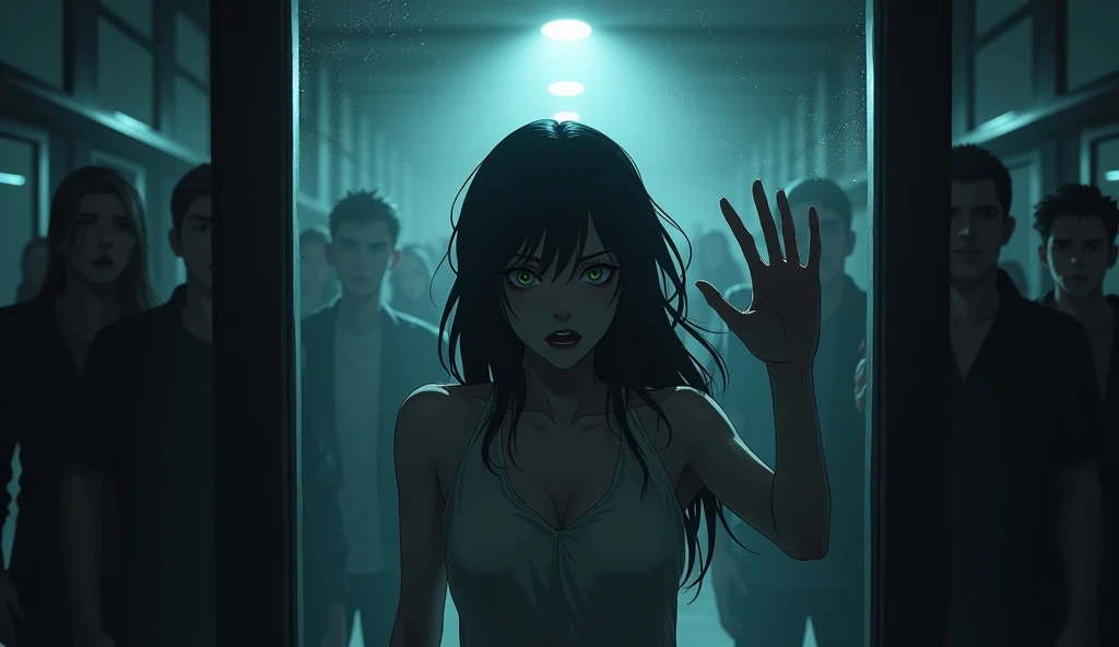 (best quality, masterpiece, ultra detailed), (anime:1.5)、woman is the main character、mysterious、Suspenseful Tone、Dark tones and shadows、A little creepy atmosphere、Surrealism、Dark fantasy、 The protagonist through the glass keeps tapping on the glass、Hysterical、Other people々gathered in front of the glass in the same way.、Showing eagerness to enter。