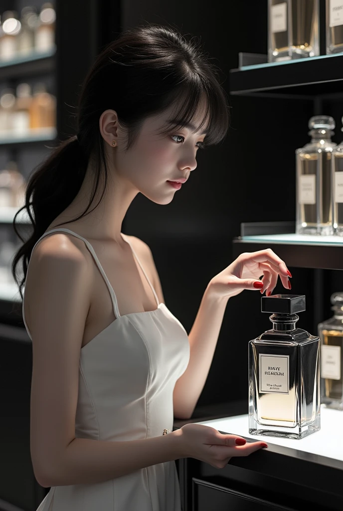 Girl choosing black and white perfume
