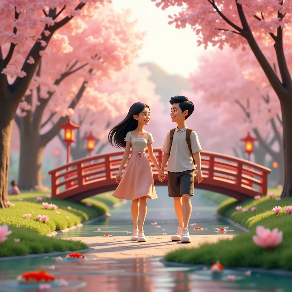Design a Pixar-style 3D scene of a couple enjoying the Japanese cherry blossom festival. They are walking under a canopy of blooming cherry trees in a tranquil park, with traditional Japanese lanterns and a picturesque bridge in the background. Include details like a small pond with koi fish and people having a picnic. The scene should capture the beauty and serenity of the cherry blossoms in full bloom.