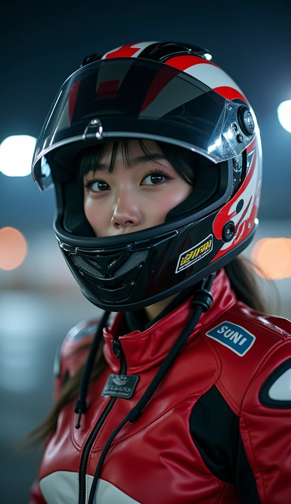 (very beautiful Japanese cute boyish young princess), professional motorcycle racer, about to Ride on a racing motorcycle, at circuit at night, dramatic scene, masterpiece, (cowboy shot:1.3), clear helmet visor, beautiful eyes, Honda CBR1000RR, Shoei helmet, (wearing motorcycle racer's outfits)