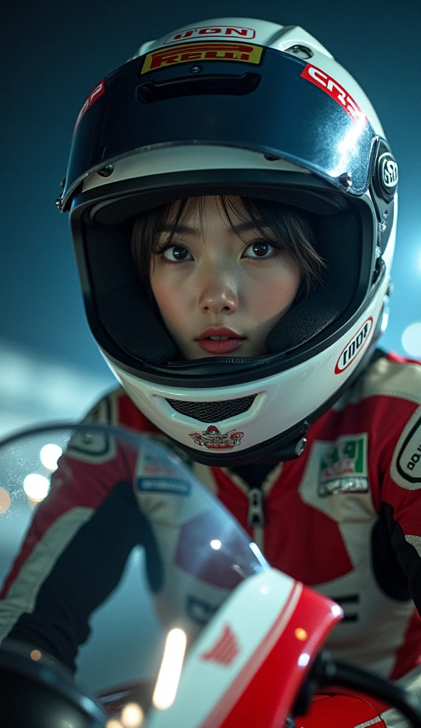 (very beautiful Japanese cute boyish young princess), professional motorcycle racer, about to Ride on a racing motorcycle, at circuit at night, dramatic scene, masterpiece, (cowboy shot:1.3), clear helmet visor, beautiful eyes, Honda CBR1000RR, Shoei helmet, (wearing motorcycle racer's outfits)