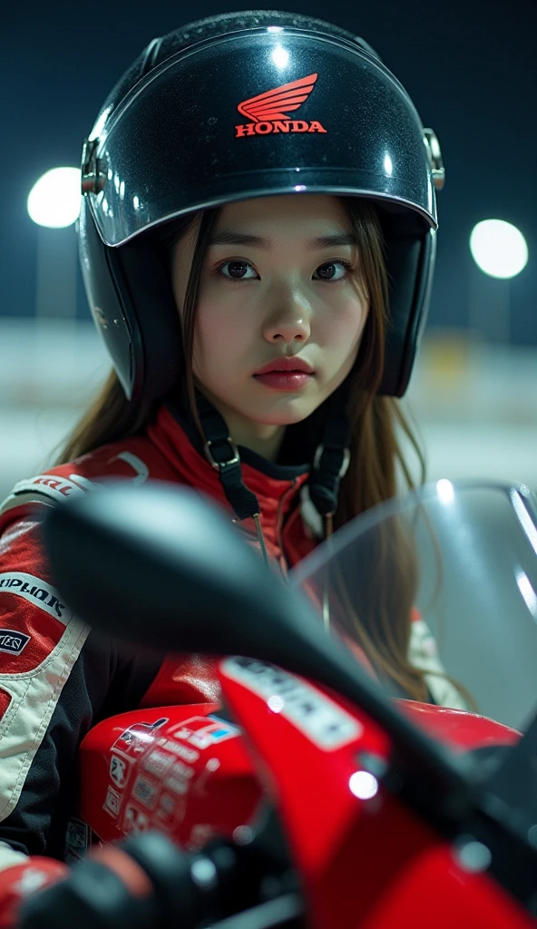 (very beautiful Japanese cute boyish young princess), professional motorcycle racer, about to Ride on a racing motorcycle, at circuit at night, dramatic scene, masterpiece, (cowboy shot:1.3), clear helmet visor, beautiful eyes, Honda CBR1000RR, Shoei helmet, (wearing motorcycle racer's outfits)