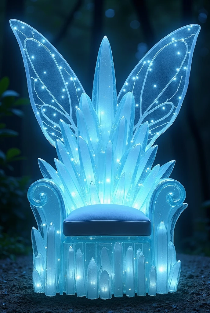Enchanted chair, throne style, with a seat cushion type cushion, celestial throne type, made of light blue crystals, with firefly lights, with a large backrest in the shape of magical butterfly wings. Designed for your place like an enchanted forest.