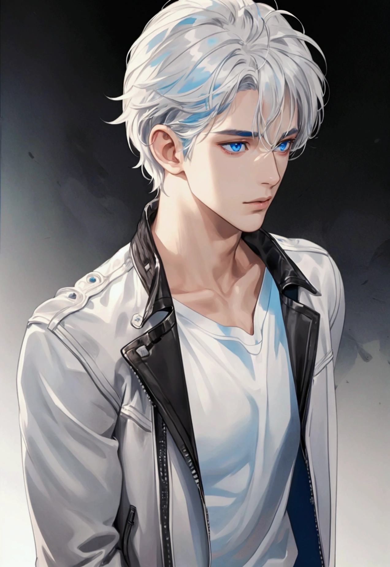 (masterpiece, High resolution, Ultra-detailed:1.0), (1male, male face), Perfect male body, adult male, Delicate eyes and delicate face, Extremely detailed CG, complicated details, detailed face, (by white, blue eyes, messy hair, calm face, White T-shirt, black leather jacket), simple background, color difference, depth of field, dramatic shadow, ray tracing, Best Quality, cinematic lighting, official art, full body portrait.

