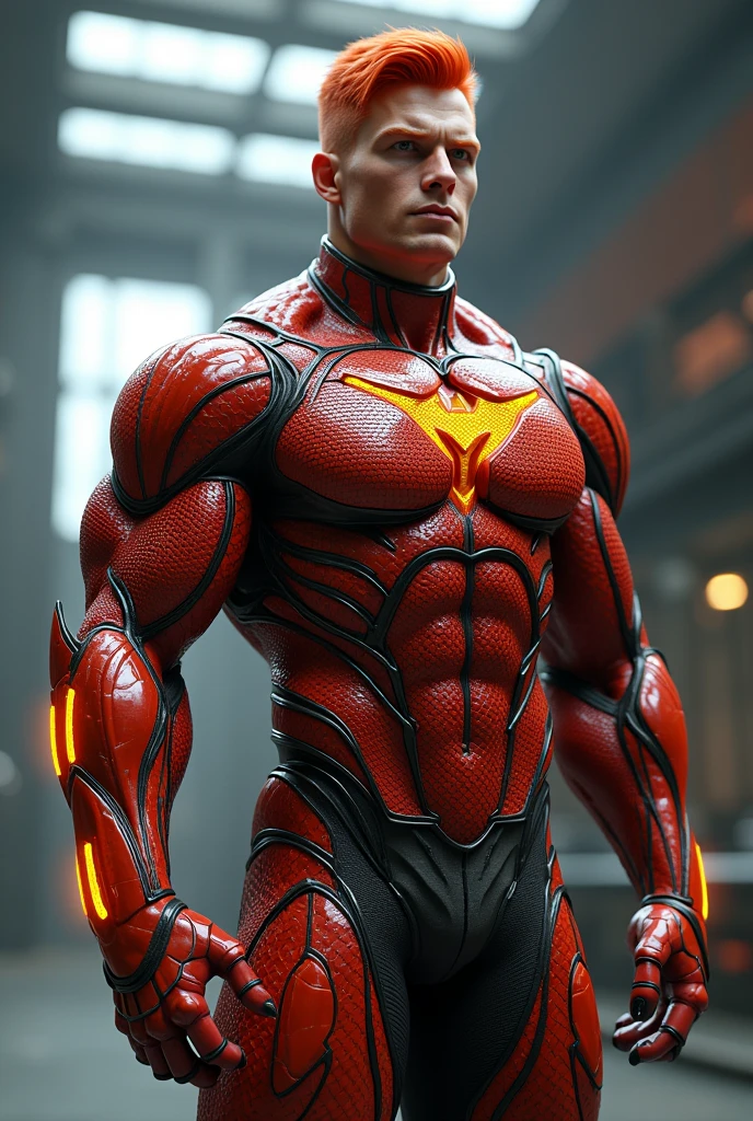 Full body photorealistic handsome hunky masculine Legion red haired sunman,,unreal engine, extremely attractive man wearing orange and red scales transparent mesh bodysuit, with belt and gloves and ,,,extremely masculine physique, intricately detailed metal body armour, super bulge, realistic skin, in action, justice league headquarters as background
