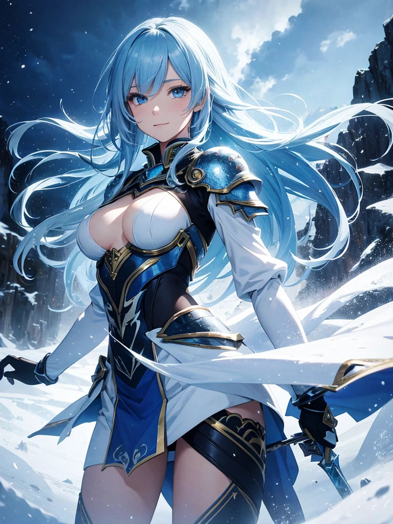 8k quality, (absurdres, super detailed), (absurdres, beautiful background, detailed background), anime style,
Ice Goddess illustration, the character is a very beautiful 2 girl, small breasts, beautiful light blue hair, beautiful blue eyes, wearing transparent blue armour , looking at me, smiling, fighting with a blue long sword, Standing on the large ice field during the blizzard, fantasy landscape, shader, autoluminated, cinematic light, dynamic angle, transparent, glazing, best aesthetic, BREAK background blizzard, hail, snowy background, snowy sky