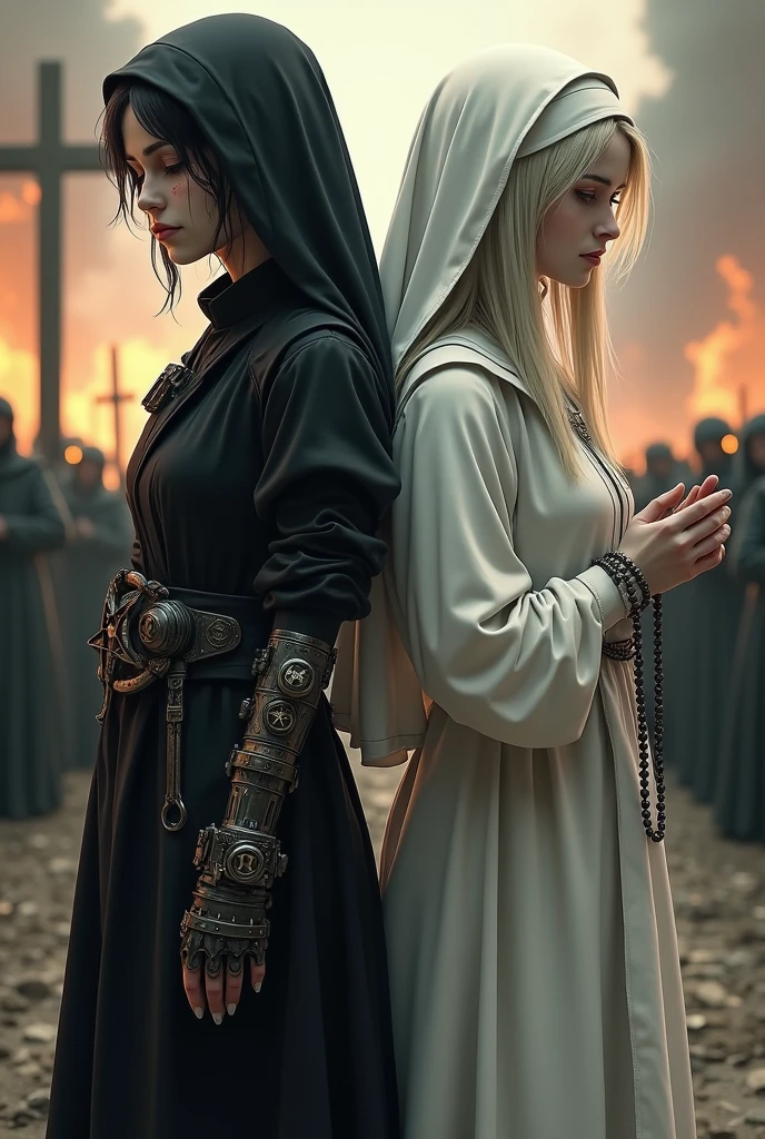 Two pale girls from the middle ages, back to back, the left with violet eye, short black hair, black alchemist robes with technology, cut on the face, steampunk left arm prosthesis, with pentagram and dagger, with a look of suffering, right with white nun clothes, long white hair, eyes closed in sadness with a rosary, with an execution at the stake behind.