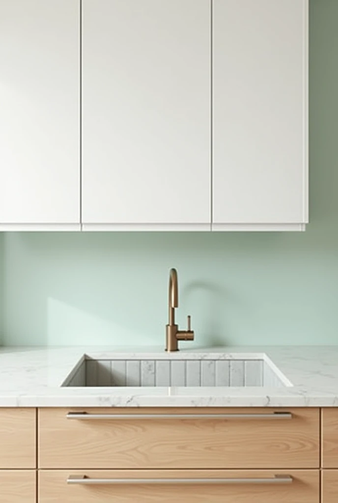 Small kitchen cabinet, white on top and wood on the bottom.

With white marble countertop, Rectangular tile sink vertically, light water green behind 