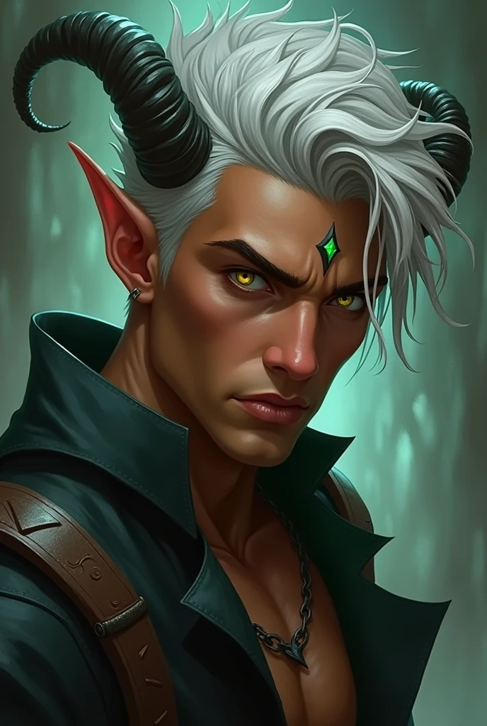 Young tiefling man with gray hair and brown skin with one golden eye and one green eye 
