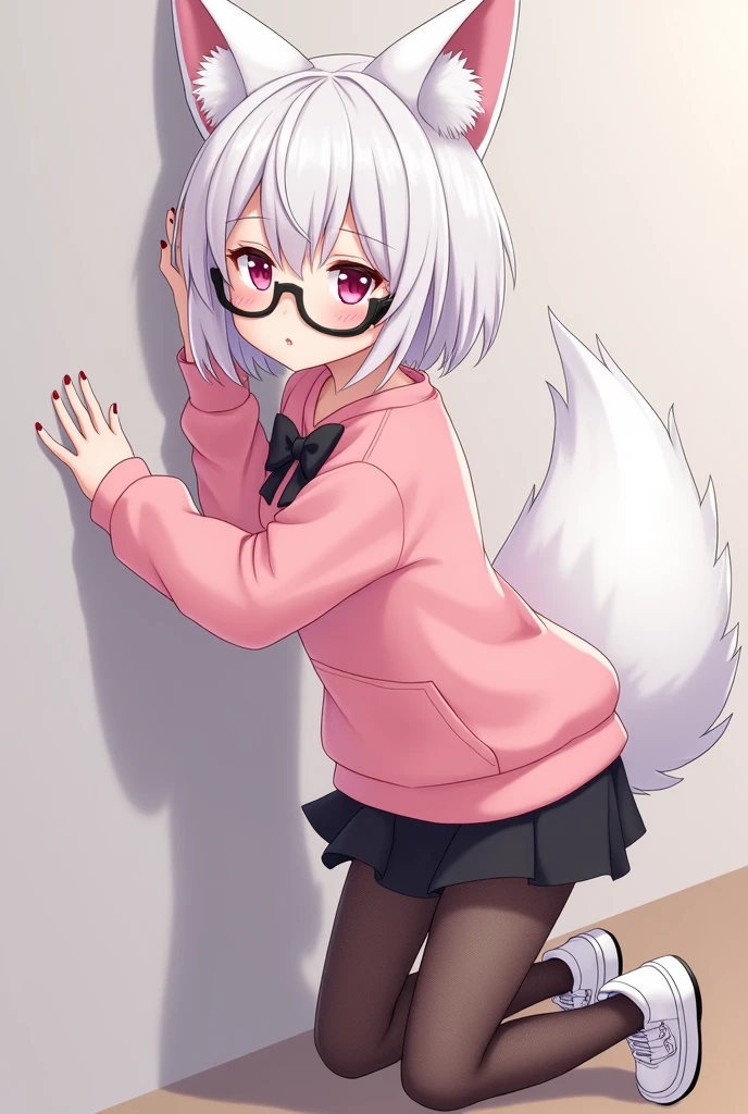 I have white hair white fox ears, a bow, My face is super blushing, black glasses, pink heart eyes, a big pink sweatshirt, painted nails a skirt down black shorts, black mesh stockings, White shoes, a fox tail a very shy girl i&#39;m hitting you a wall grabbing her butt she&#39;s also pouting