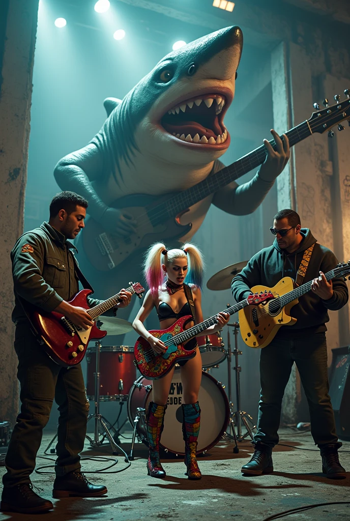 Create Harley Quinn Bloodsport Peacemaker King Shark from the Suicide Squad movie playing musical instruments
