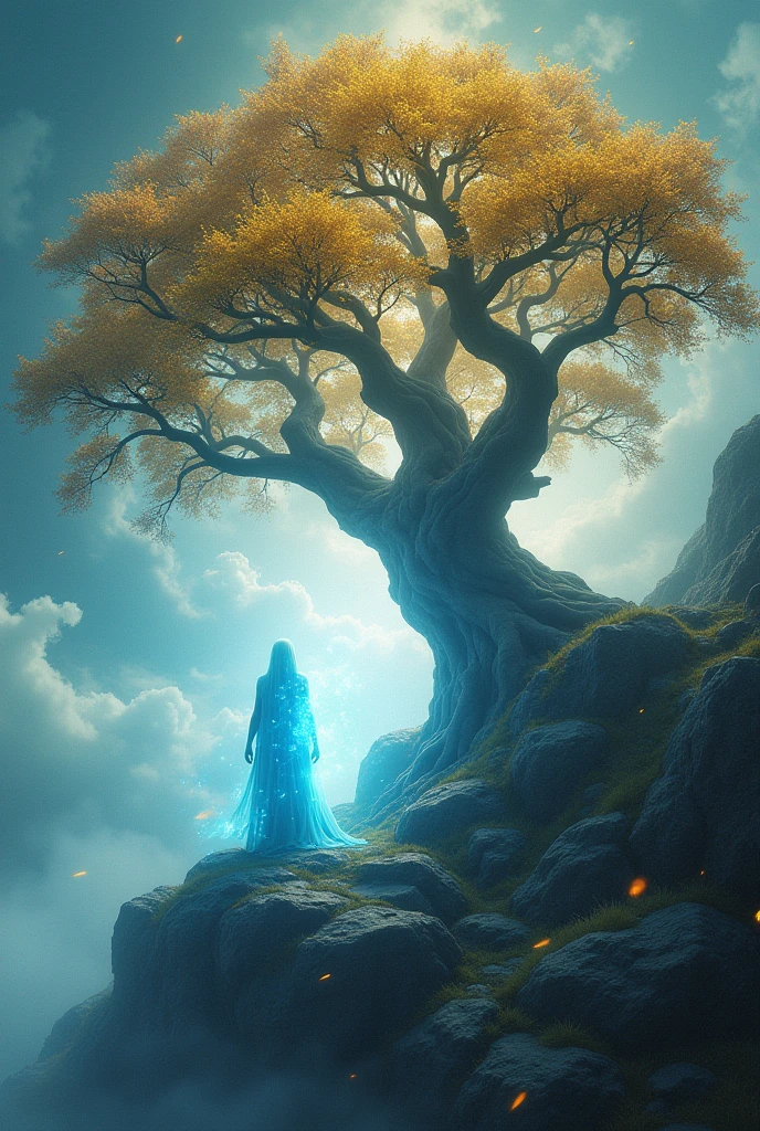 Surreal, fantasy-style digital artwork featuring a mystical landscape. The layout centers on a large, ancient tree with gnarled branches and golden leaves, standing atop a rocky hill. Beside the tree is a spectral figure shrouded in a flowing, ethereal cloak, emitting a radiant blue aura. The background is filled with swirling clouds and a vibrant, otherworldly sky, illuminated by a bright, glowing light source. The scene is enveloped in a misty, dreamlike atmosphere, with small, glowing particles scattered throughout the air, enhancing the magical ambiance.UHD, 4K, super detail, anatomically correct, highres