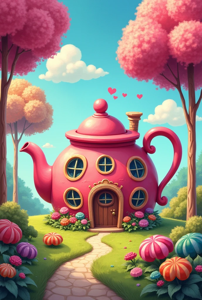 An Illustration of a House Shaped Like a Teapot, surrounded by lollipop-shaped trees, bloom in the shape of sweets, very playful and .