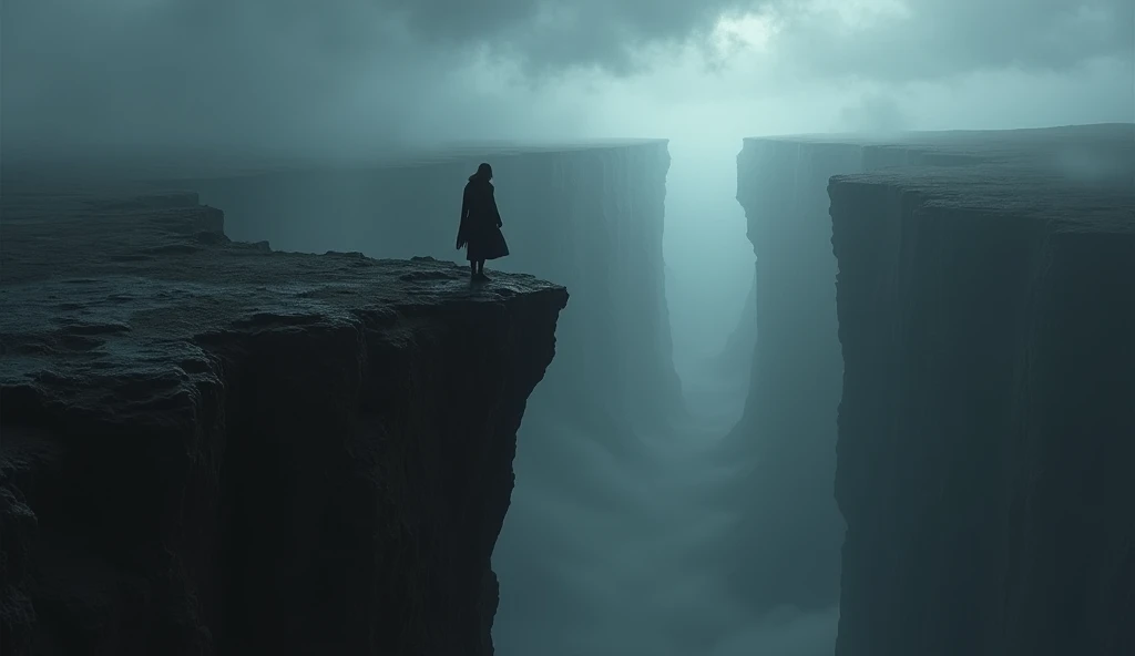 Imagine a dramatic cliffside overlooking a vast, dark abyss. Along the edge of the cliff, a figure is depicted taking a hesitant step forward, with the ground beneath them crumbling away. The abyss below is shadowy and foreboding, with swirling mists and jagged rocks emerging from the darkness, creating a sense of danger and uncertainty. The sky above is overcast, adding to the ominous atmosphere. The scene conveys the precariousness and dire consequences of making wrong choices, illustrating how each misstep can lead us closer to a deep, unsettling void.