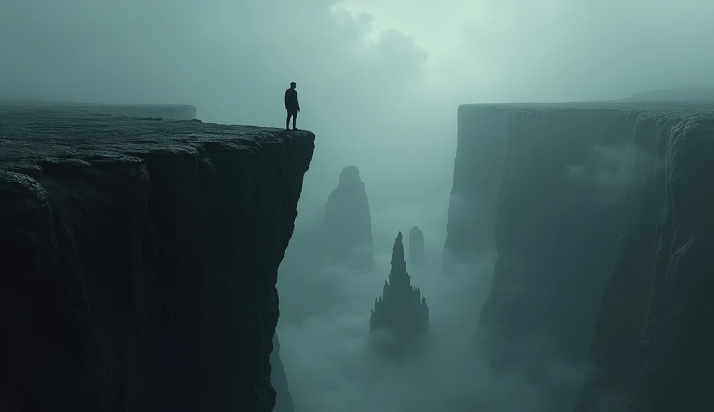 Imagine a dramatic cliffside overlooking a vast, dark abyss. Along the edge of the cliff, a figure is depicted taking a hesitant step forward, with the ground beneath them crumbling away. The abyss below is shadowy and foreboding, with swirling mists and jagged rocks emerging from the darkness, creating a sense of danger and uncertainty. The sky above is overcast, adding to the ominous atmosphere. The scene conveys the precariousness and dire consequences of making wrong choices, illustrating how each misstep can lead us closer to a deep, unsettling void.