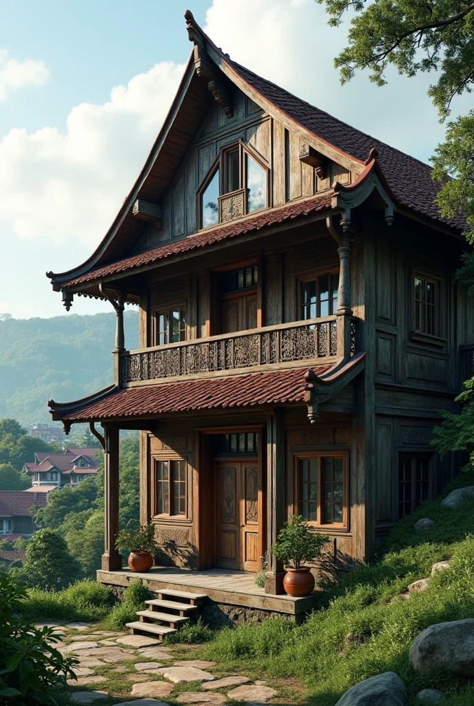 (Photorealism 1.2) Malay traditional house old wood rusty house/ at hill Malay village
