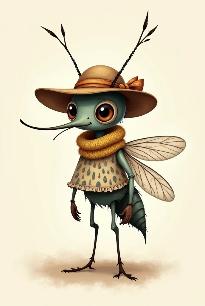 Drawing of a mosquito wearing a hat, scarf and blouse