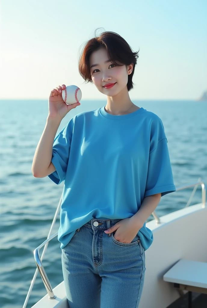 Highly realistic 8k photos, sea background, standing on a boat, Holding a baseball sideways with one hand, Korean woman, Wearing a blue t-shirt and jeans, standing face to face, Looking at the camera, A photo showing the whole body, short hair, full body photo, Feet coming out, A little smile,